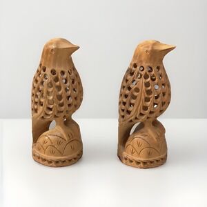 Set of 2 Indian Jali Cutout Hand Carved Kadam Wood Baby Bird Sculpture 4" Tall